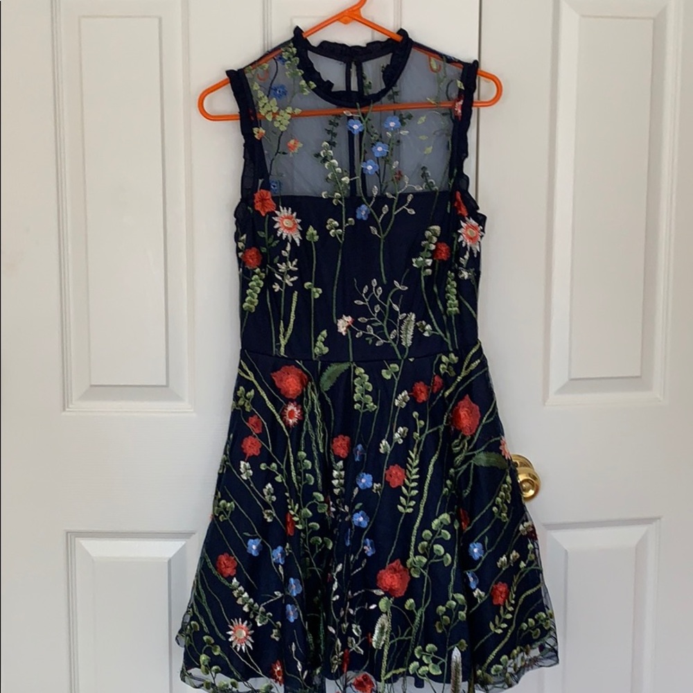 Blue Embroidered Floral Party Dress